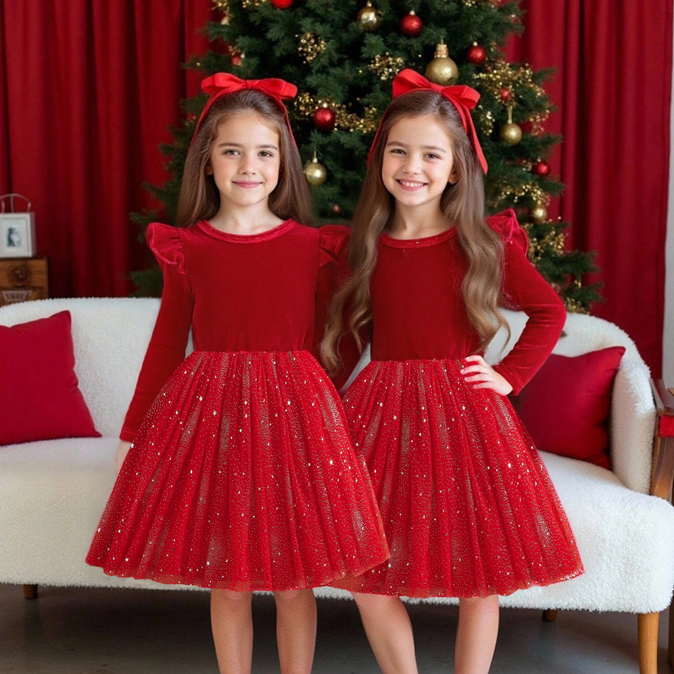 Luxury Girls Christmas Red Sequin Dress Kids Velvet Tulle Long Sleeve Princess Gown for Holiday Party
