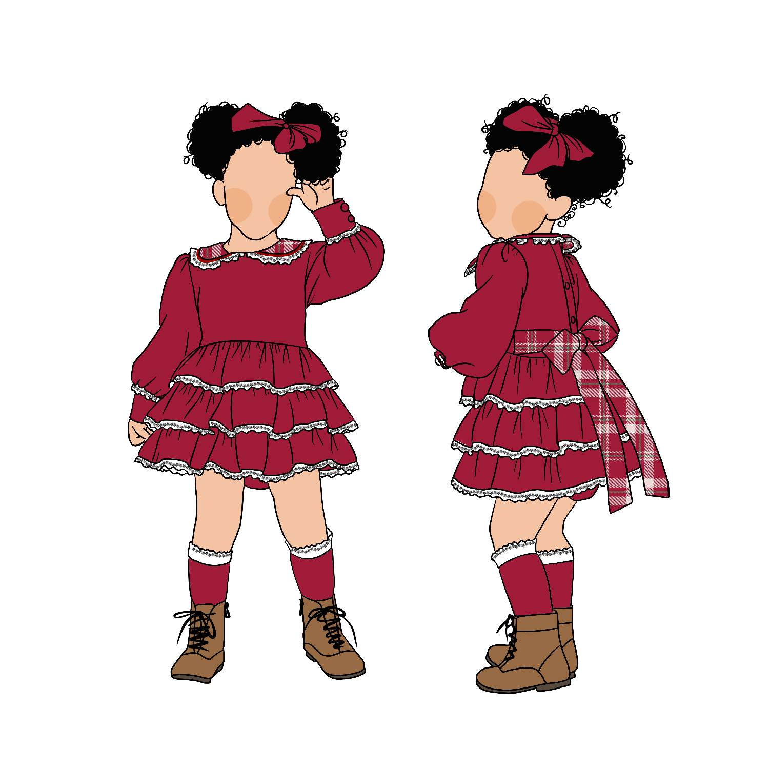 Vintage Boutique Polyester Long Sleeve Milk Protein Fiber Kids Girls Skirt Baby Christmas Plaid Lace Dress With Bow