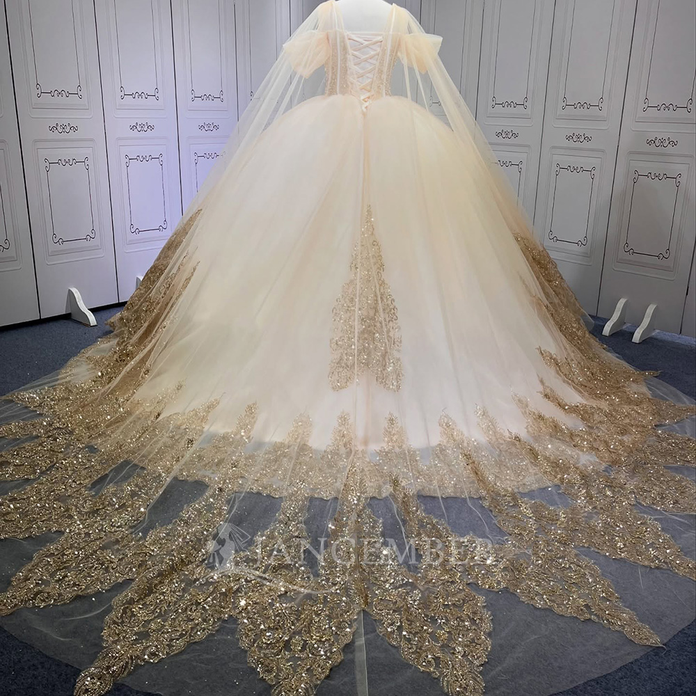 LSMU65 Vintage Champagne Off-Shoulder Lace Beading Appliques Ball Gown Sweetheart Neckline Chapel Train Party Girls Dress Shawl