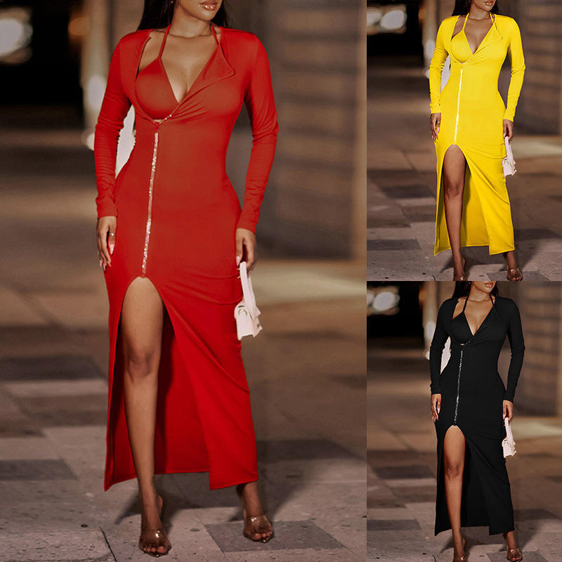 Women Sexy Solid Color Slit Long Sleeve Dress Front Zipper Body Con Dress Girls Dresses