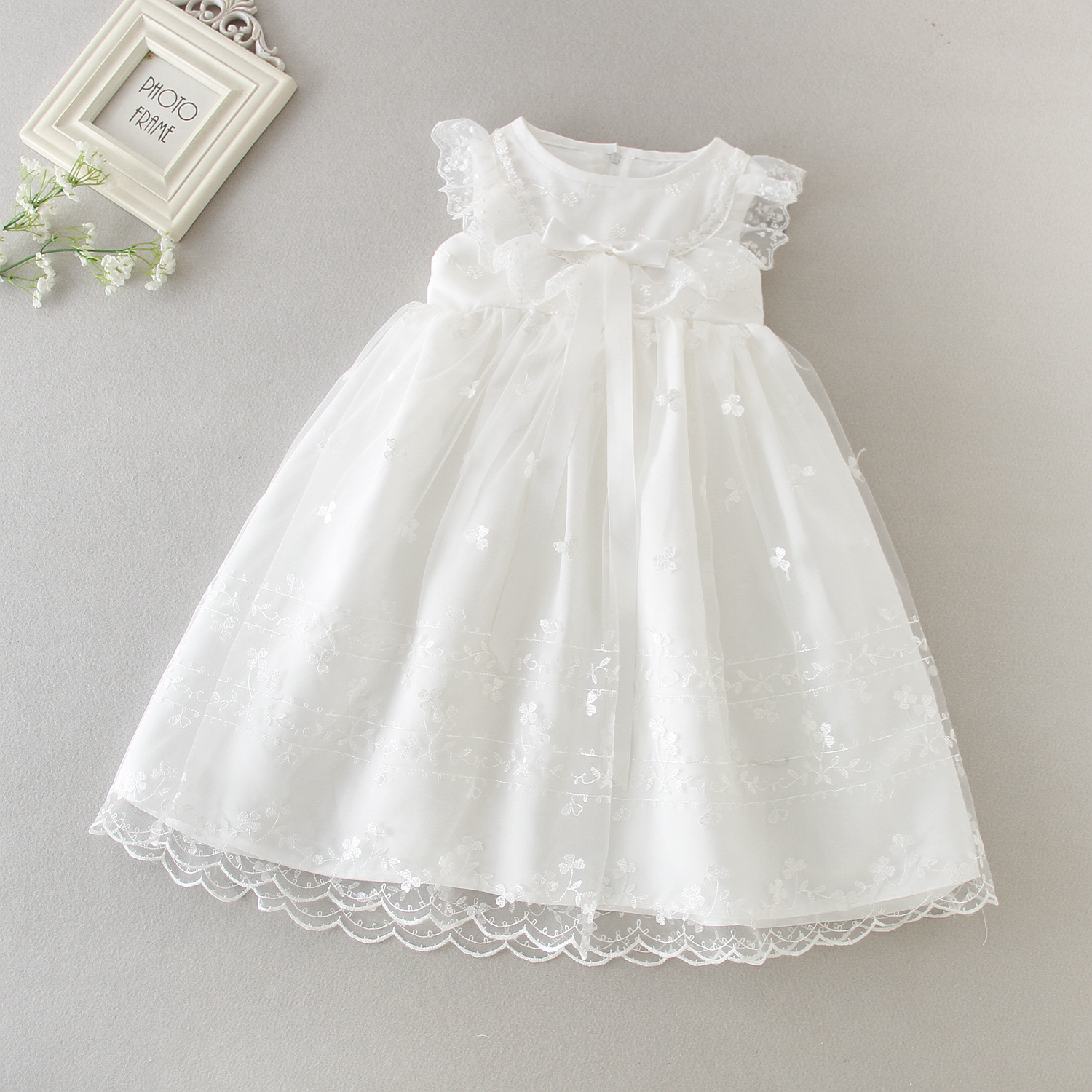 New Design Vintage Short Sleeve Lace White Baptismal Dress for Baby Girl