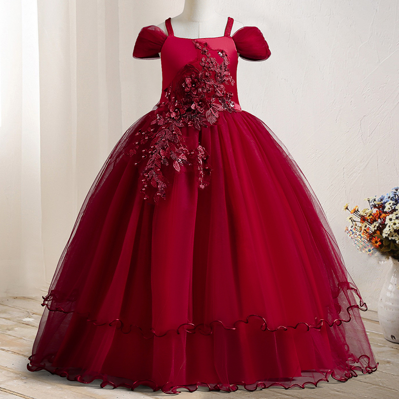 Hot Selling Kids Gown Girls Birthday Pageant Party Dress Solid Formal Vintage Embroidery Lace Off Shoulder Girls Princess Dress
