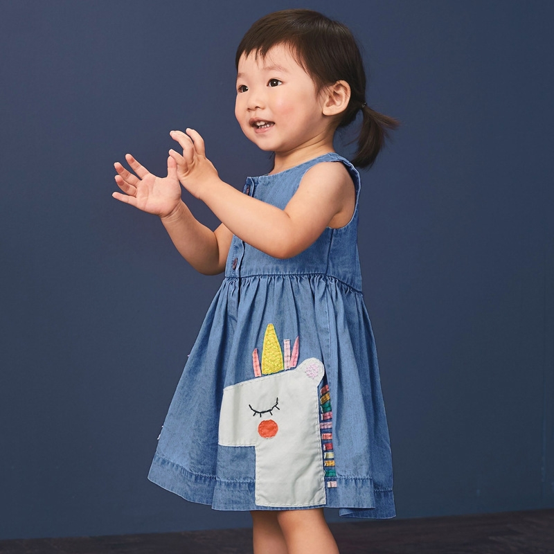 High Quality Summer Children Clothes Baby Girl Sleeveless Cartoon Embroidery Denim Dress