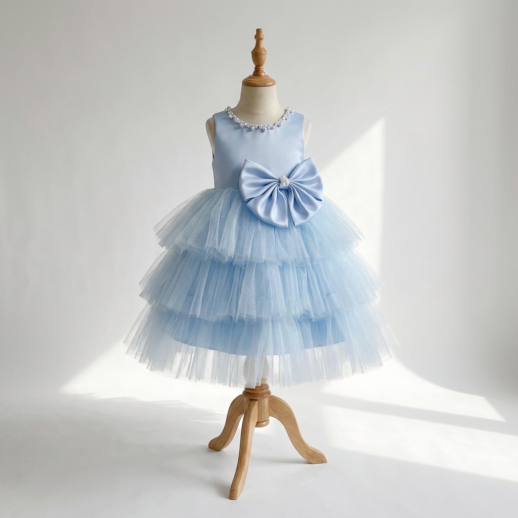 Sky Blue Layered Tulle Flower Girl Dress Satin Bow Girls Birthday Party Dress Soft Lining Lightweight Luxury Princess Ball Gown
