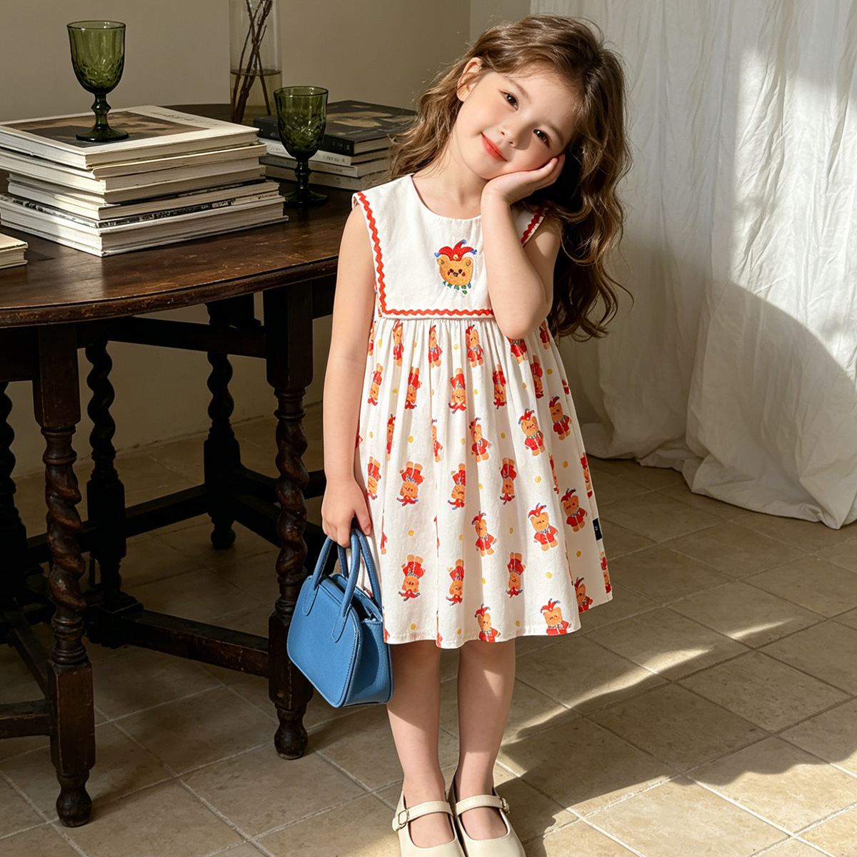 Cool Breathable Sleeveless Kids Girls Dress Cartoon Bear Print Summer Casual Daily Play Dress