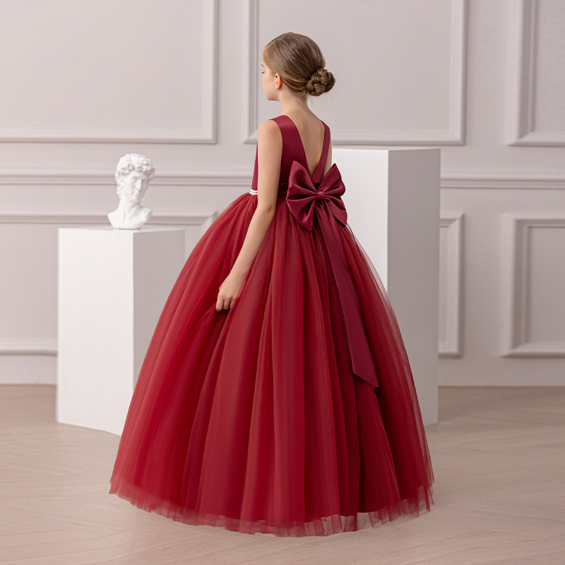 Elegant Girls Full-Length Party Dress - Sleeveless Tulle Gown with Pearl Waistline and Bow, Available in Red, Pink, and Black