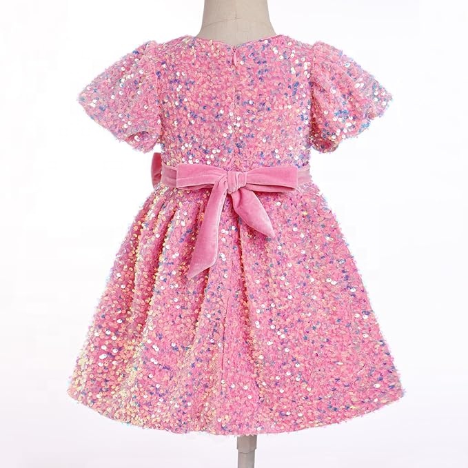 Customize Kids Velvet Dress Flower Girls Sequin Dresses Short Puff Sleeve Birthday Holiday Party Sparkly Princess Dress