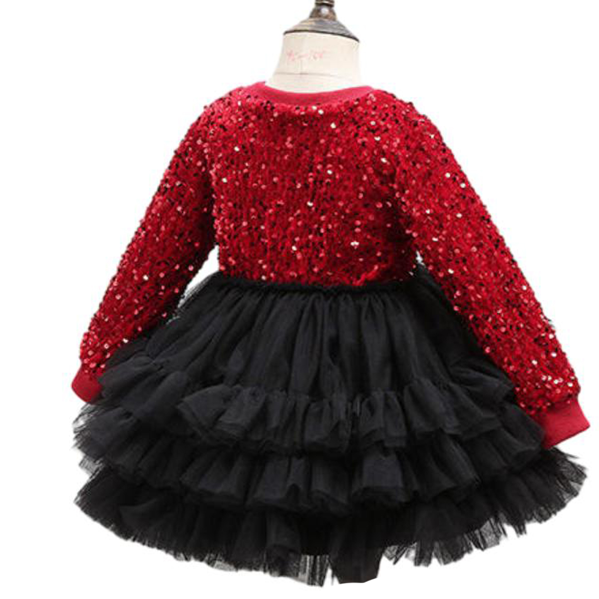 Custom Comfortable Long Sleeve Red Velvet Girl Princess Dress Sequin Tulle Dress for Girls