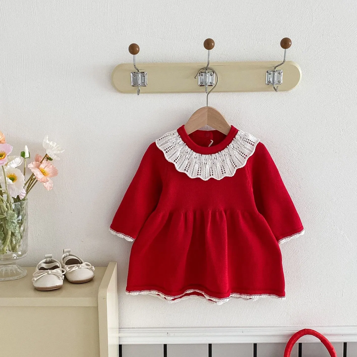 Baby Knitted Spring Girl Sweater Red Clothes Kids Doll Neck Long Sleeve Knitwear Dress