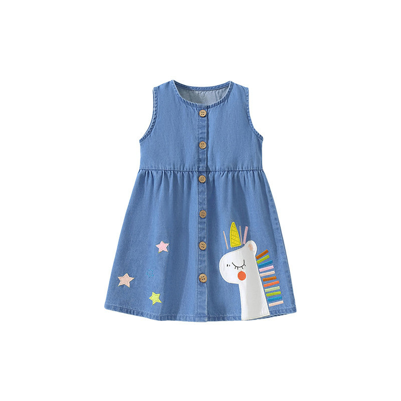 High Quality Summer Children Clothes Baby Girl Sleeveless Cartoon Embroidery Denim Dress