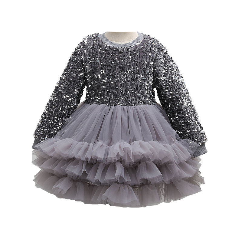 Custom Comfortable Long Sleeve Red Velvet Girl Princess Dress Sequin Tulle Dress for Girls