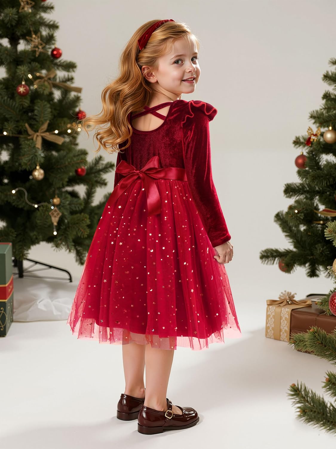 Cubear Toddler Girls Printed Velvet Tutu Bow Dress Fall Winter Long Sleeve Ruffle Holiday Party Casual 3-7Y Polyester Spandex