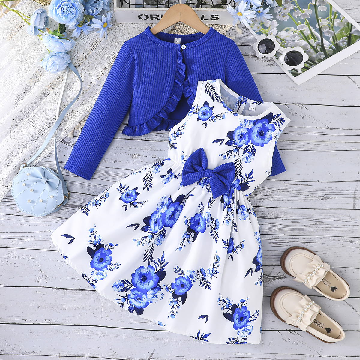 European Style Children Dress Girls Floral Dress + Long Sleeves Coat Kids Clothing Sets Baby Girl Birthday Dresses for 3Y