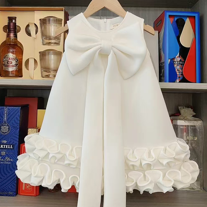 Elegant Heavy Industry Dress Girls with Bowknot for Party, Birthday, Performance, Solid Pattern, Children's Floral Decoration,
