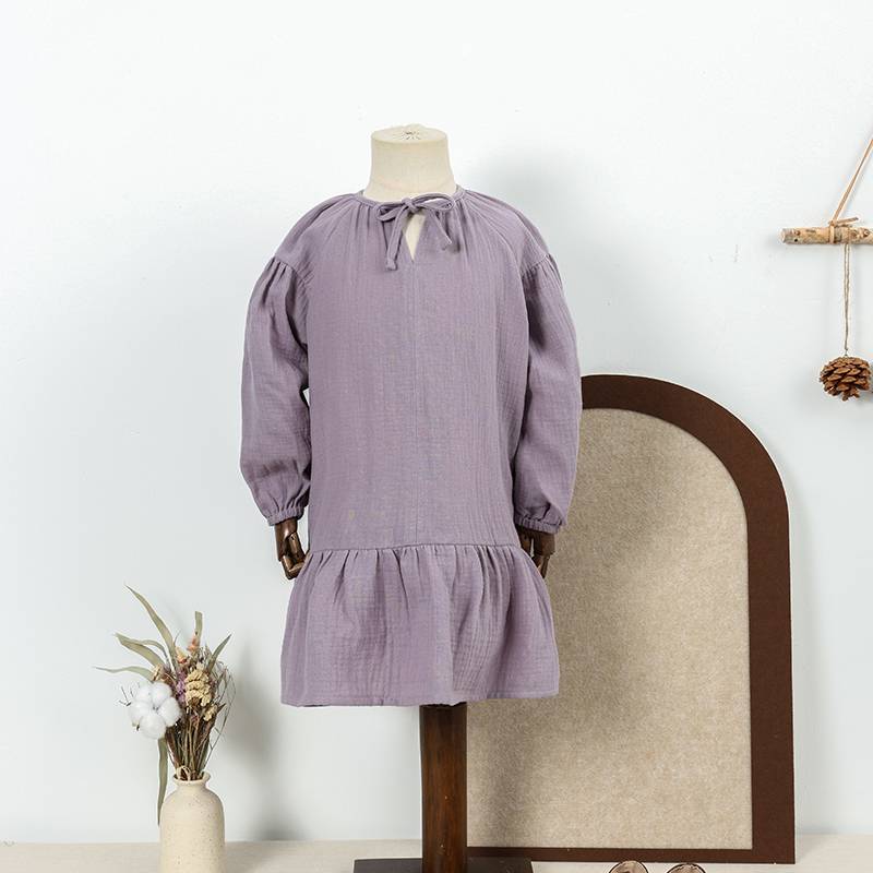 Girls' Purple Gauze Cotton Long Sleeve Dress, Casual Loose Ruffle Hem Kids' Dress, V-Neck Drawstring Casual Playwear