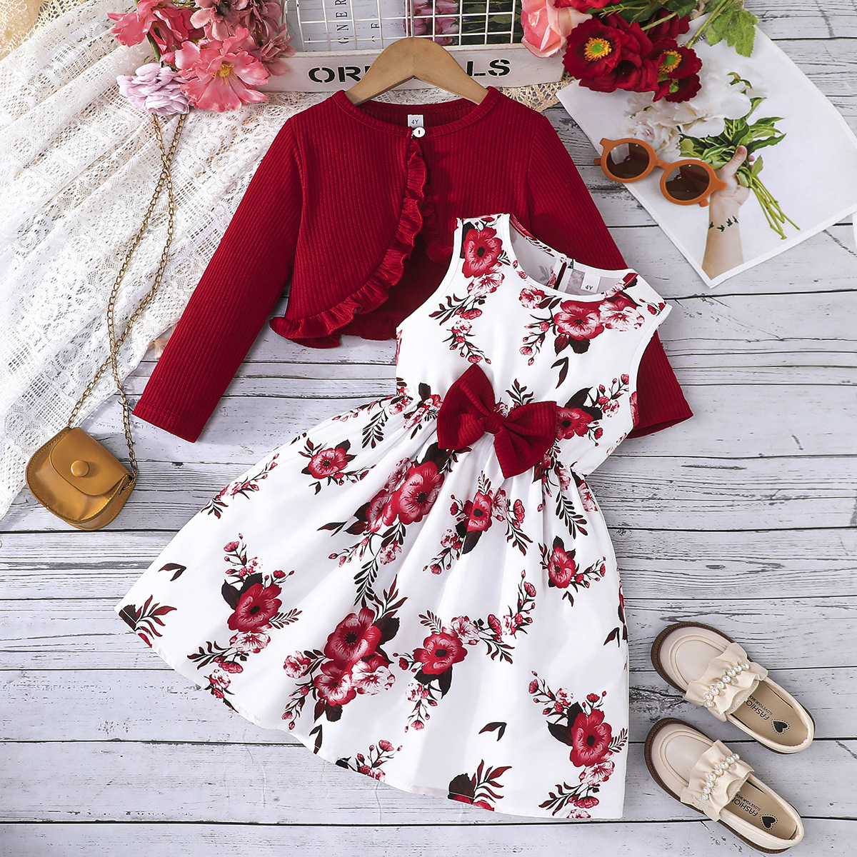 European Style Children Dress Girls Floral Dress + Long Sleeves Coat Kids Clothing Sets Baby Girl Birthday Dresses for 3Y