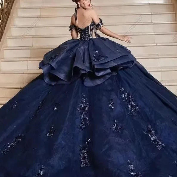 Quinceanera Dresses Off-shoulder Ball Gown Navy Blue Girls Skirt Princess Prom Dress