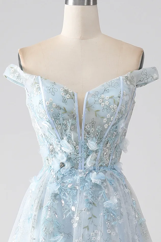 Sexy Sky Blue off Shoulder 3D Floral Embroidery Sheer Corset Tulle Cocktail Party Full Dresses Girl Dress