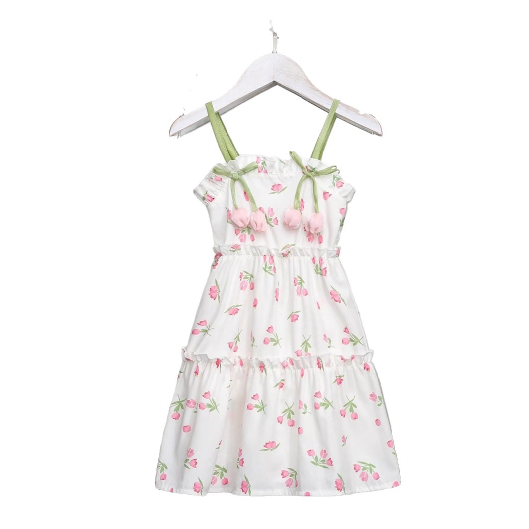 Girls Floral Sundress Luna Pink Cherry Print Green Strap Ruffle Hem Summer Dress Sweet Holiday Wear for Casual Party