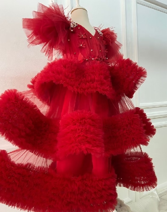 Elegant Red Tulle Ball Gown for Girls Luxurious Tiered Ruffle Party Dress with Exquisite Floral Beadwork and Flutter Sleeves