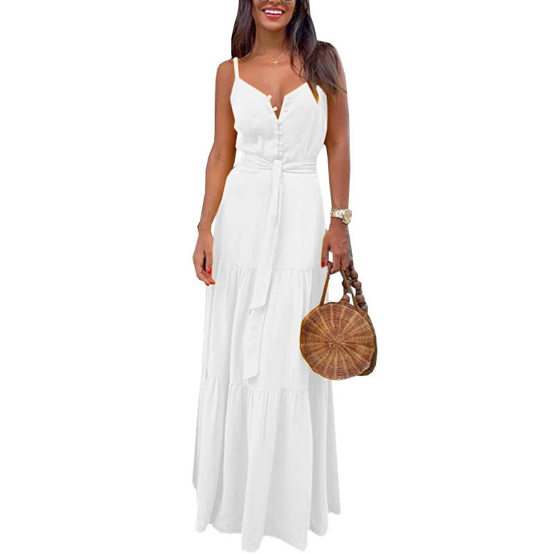New Arrivals Solid Color Girls Spaghetti Strap Summer Dresses Women Casual Sleeveless V-Neck Long Maxi Dress Ladies