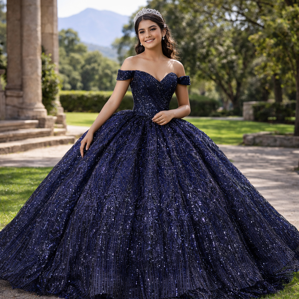 Jancember 5675 Stunning Navy Blue off the Shoulder Ball Gown Quinceanera Dresses for Girls