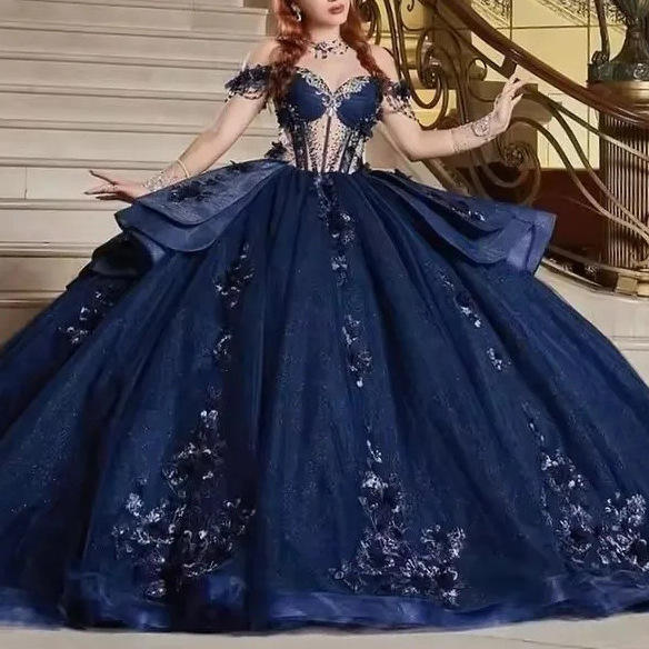 Quinceanera Dresses Off-shoulder Ball Gown Navy Blue Girls Skirt Princess Prom Dress