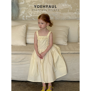 YOEHYAUL 26076 High Quality Girl Sweet Lace Square Neck Beige Sundress Baby Solid Cotton Long Dress Factory Customized