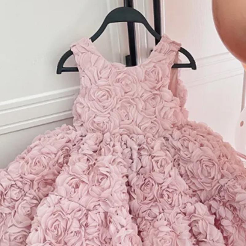 Girls Baby Korean Summer Formal Dress Flower Design Knee-Length Luxury Birthday Party Wear