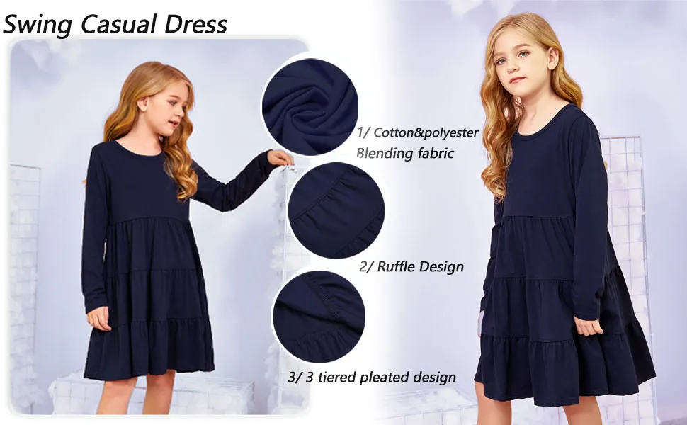 Girls Long Sleeve A-line Pleated Knee Length Dress