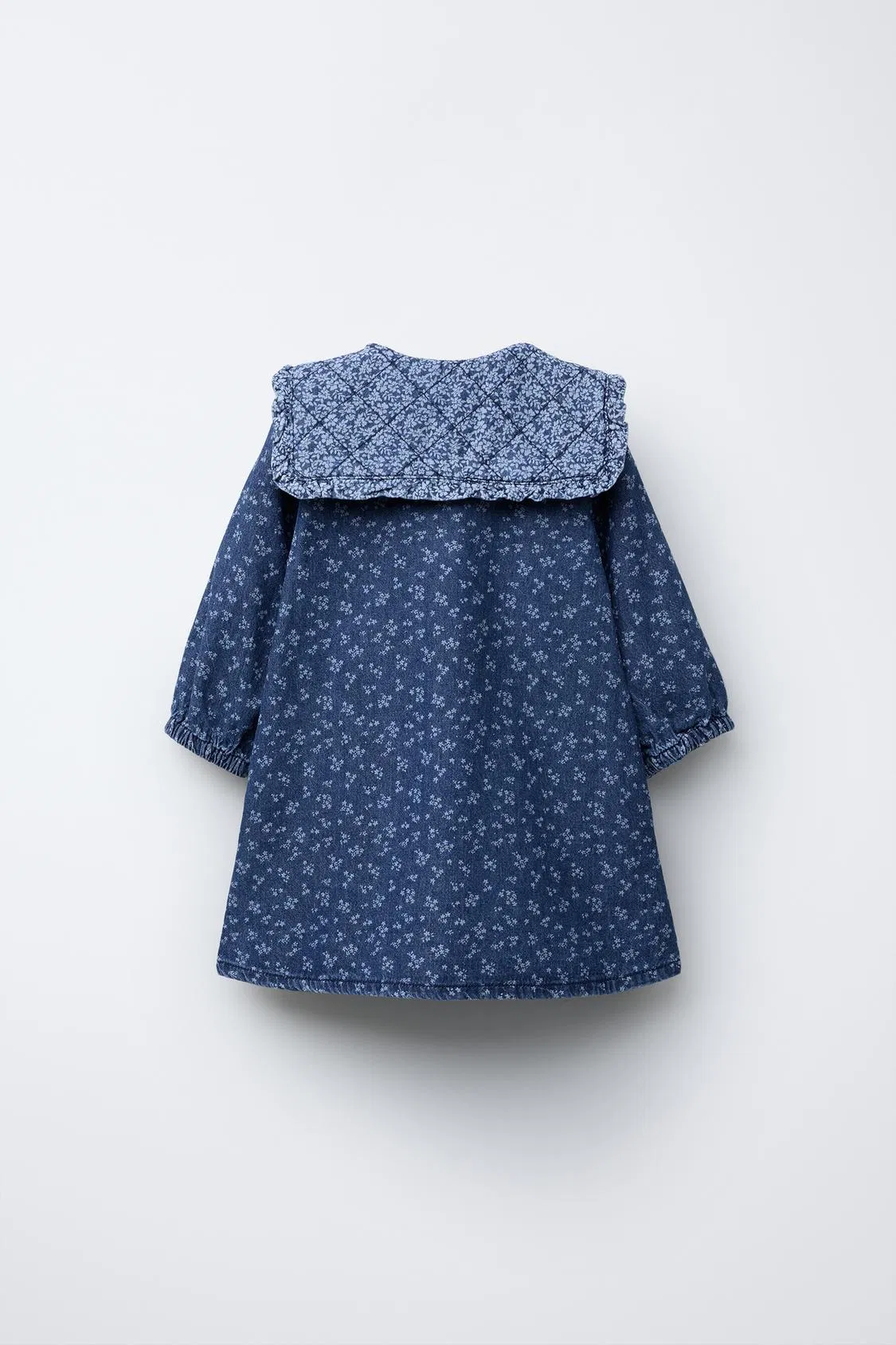 Denim Baby Dress Peter Pan Collar Long-Sleeves Elasticated Cuffs Snap-Button Fastening Floral