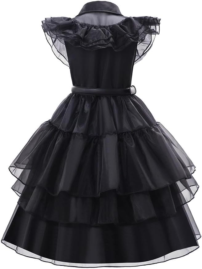 3-12 Years Wednesday Addams Dress Gifts for Girls Cosplay Black Party Gown