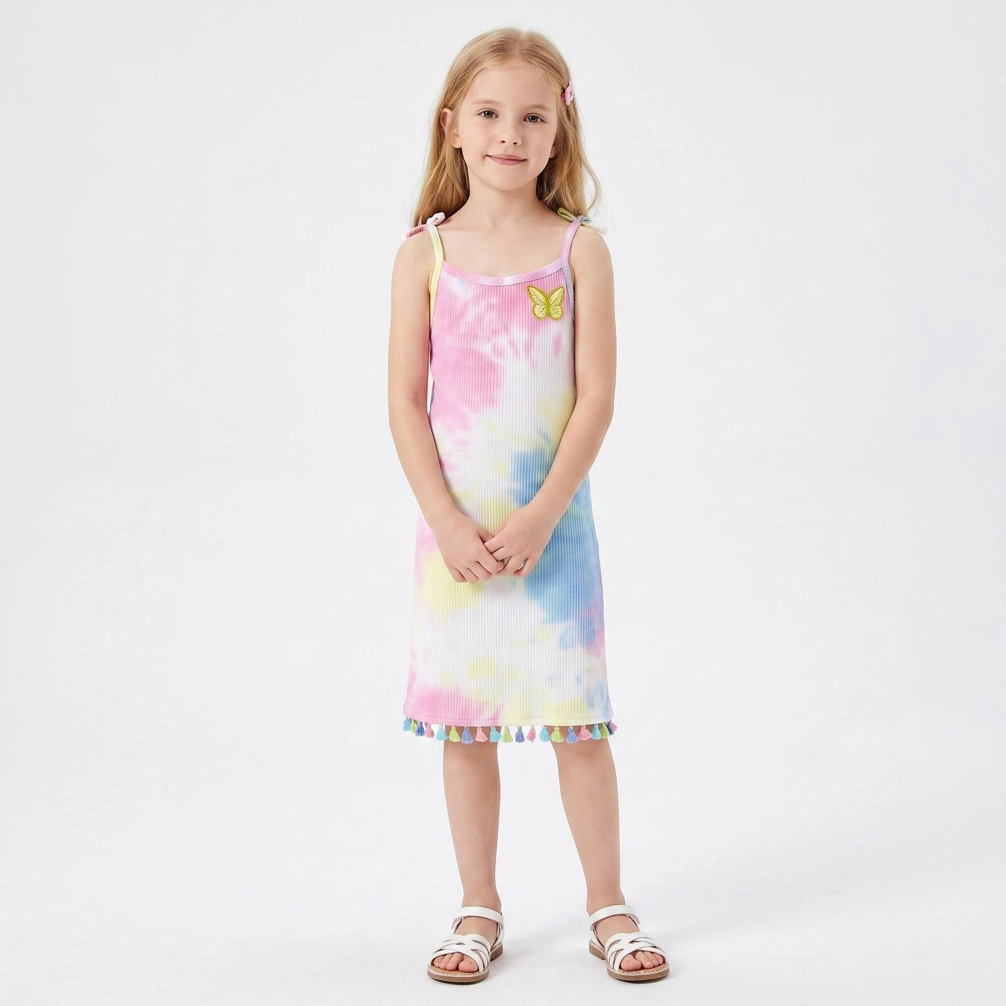 Dresses for Kids Girls Bohemian Tie Dye Ribbed Knee Length Beaded Butterfly Patch Tassel Fringe Beach Vacation Sundress