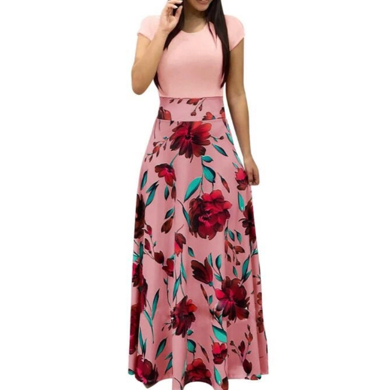 New Fashion Women Summer Long Dress Short Sleeve Girls Slim Long Style Patchwork One-Piece Clothing Maxi Dress