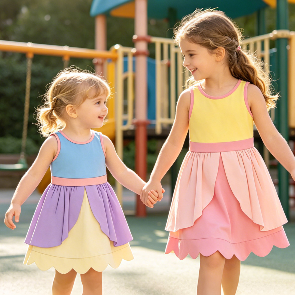 Girls' Wholesale Princess Inspired Sleeveless Dress Bulk Color Block Scallop Hem Sundress Girls Yoga Dress