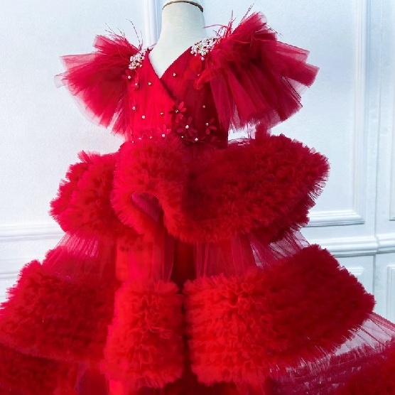 Elegant Red Tulle Ball Gown for Girls Luxurious Tiered Ruffle Party Dress with Exquisite Floral Beadwork and Flutter Sleeves