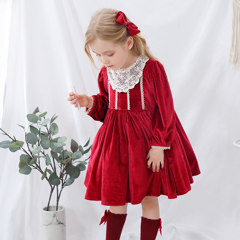 Kids Boutique Dress Winter Party Red Velvet Girls Spanish Dress Baby Christmas Dress