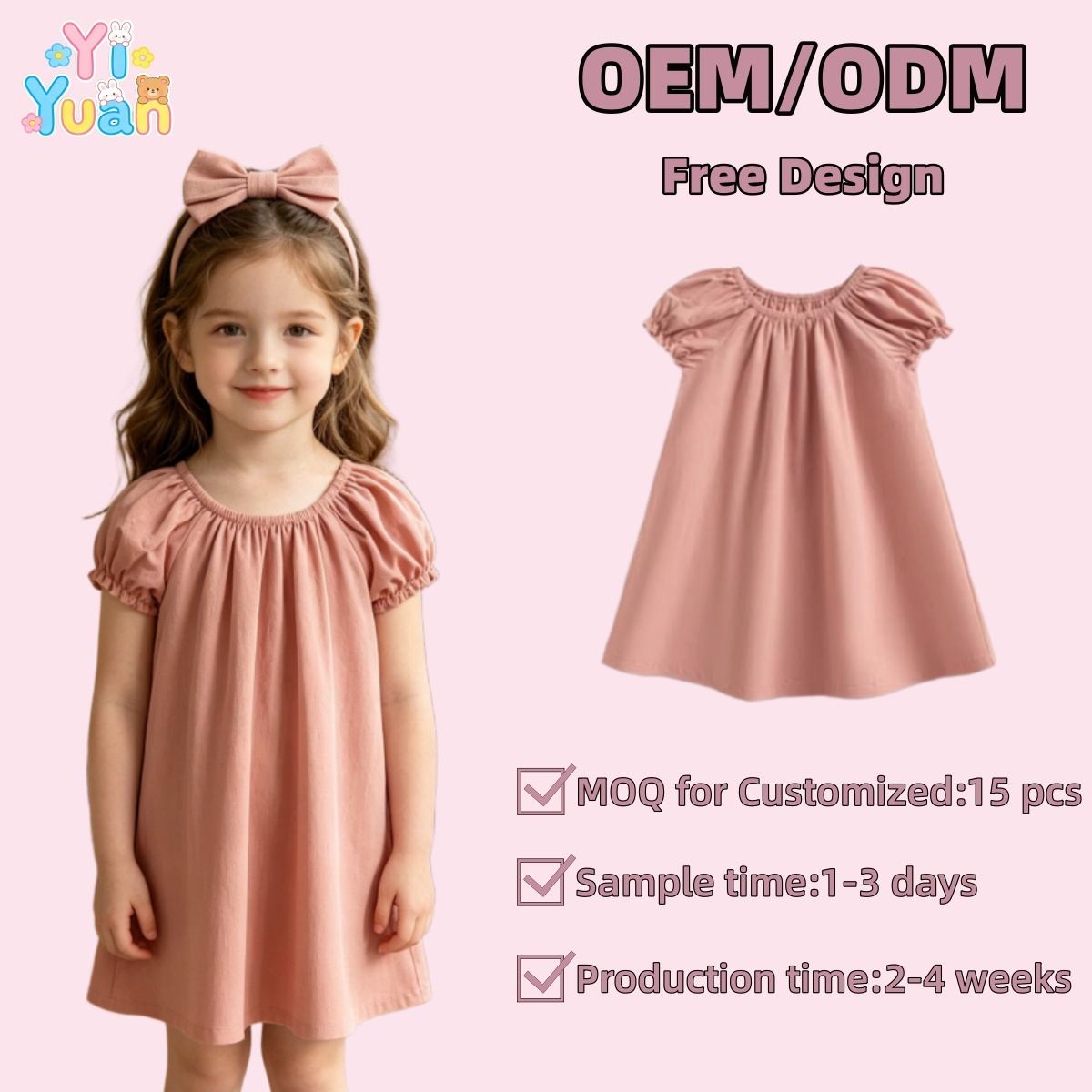 Custom Prints Colors Sizes Fashion Cotton Girls Dresses Puff Sleeve Dress Toddler Kids Children Summer Casual Playwear Wholesale