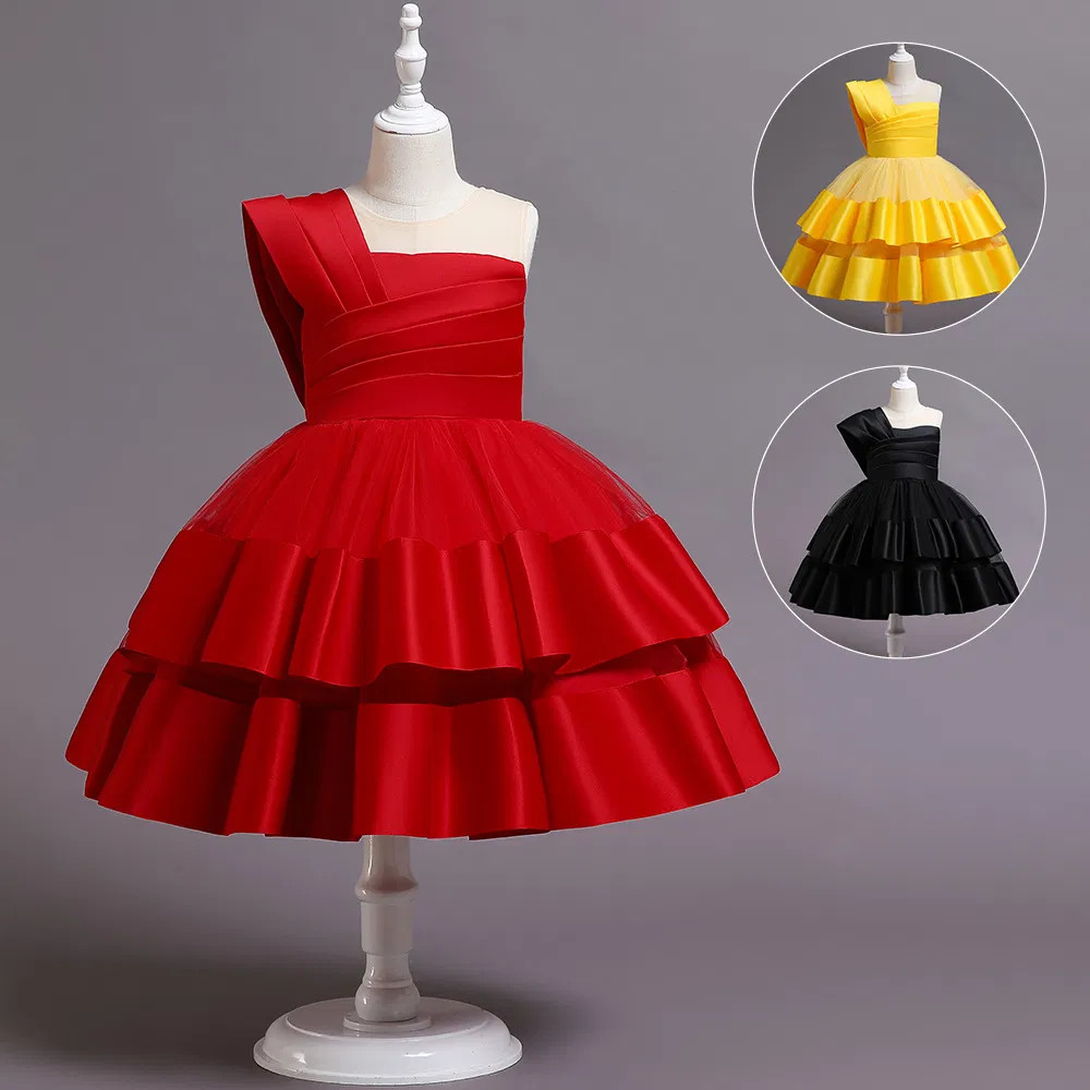Girls One Shoulder Satin Princess Party Dress with Back Zipper