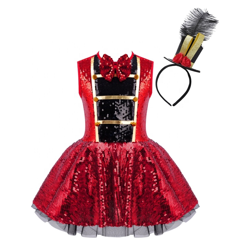 4-16 Kids Girls Round Neck Sleeveless Leotard Dress With Feather Mini Top Hat Sets for Carnival Party
