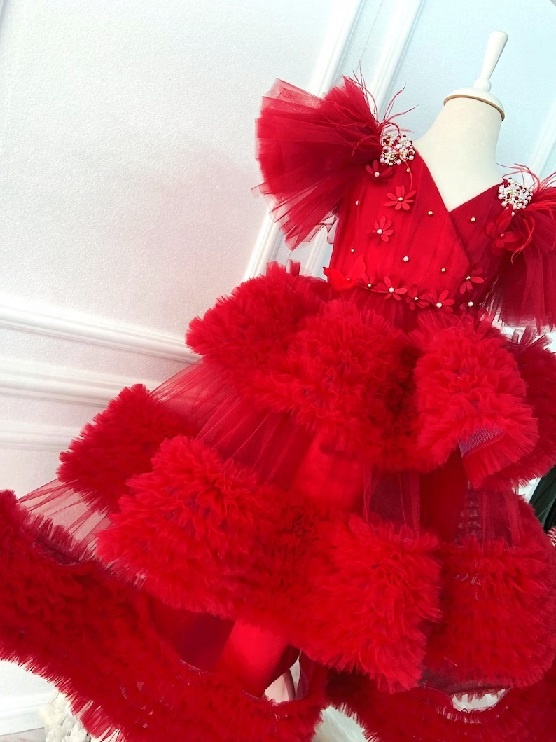 Elegant Red Tulle Ball Gown for Girls Luxurious Tiered Ruffle Party Dress with Exquisite Floral Beadwork and Flutter Sleeves