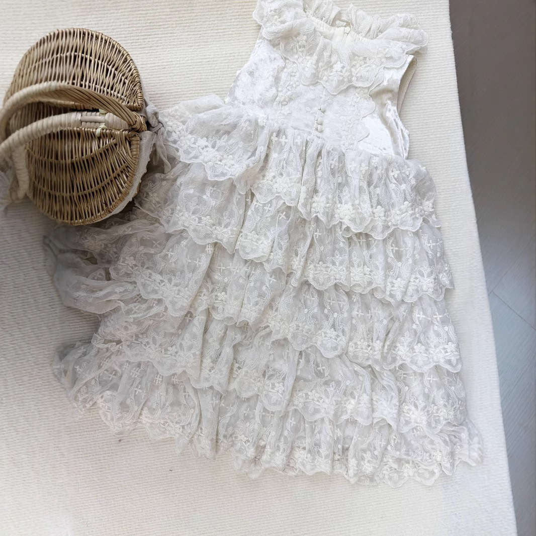 High-End Girls' Princess Dress for Summer Floral Lace Velvet Retro Style Antique Floral Heavy Work Puffy Dress Perfect Birthday