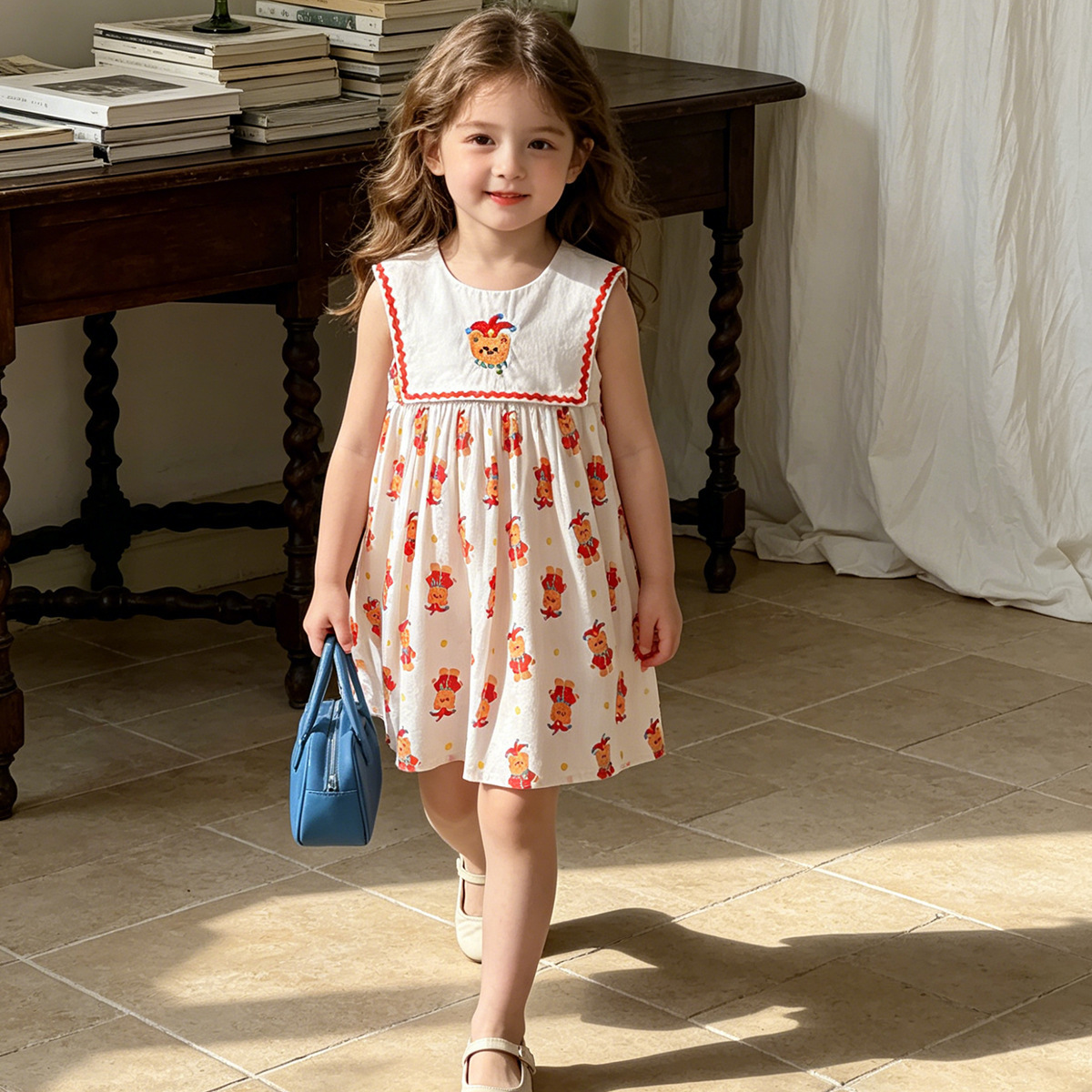 Cool Breathable Sleeveless Kids Girls Dress Cartoon Bear Print Summer Casual Daily Play Dress