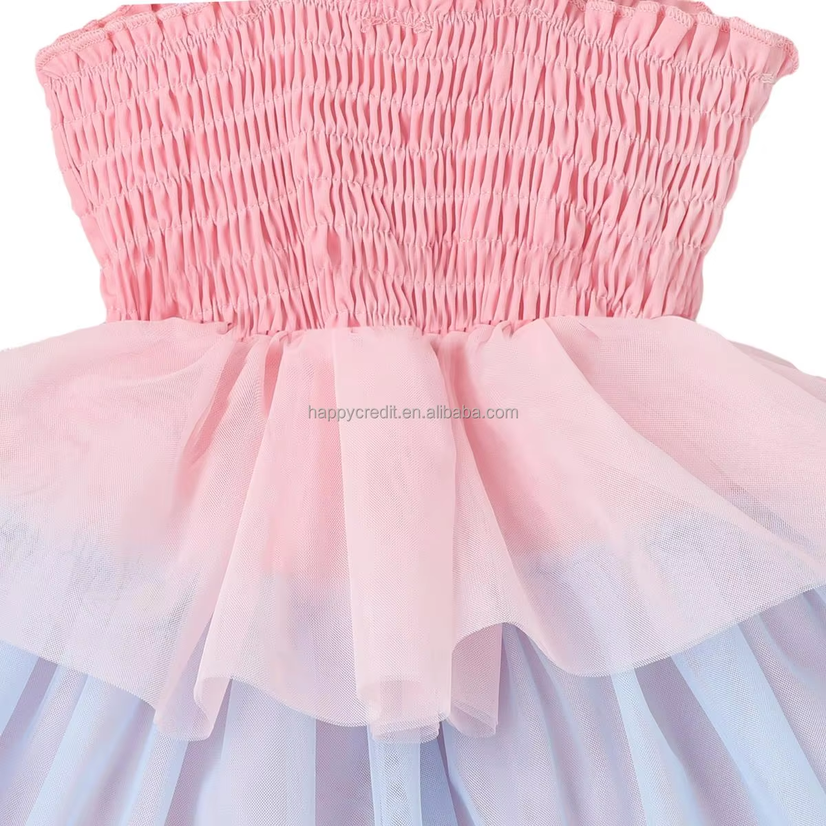 Girls Pink Blue Gradient Strap Tiered Tulle Dress Smocked Bodice Princess Kids Toddler Birthday Casual Play Party Gown ODM 100%