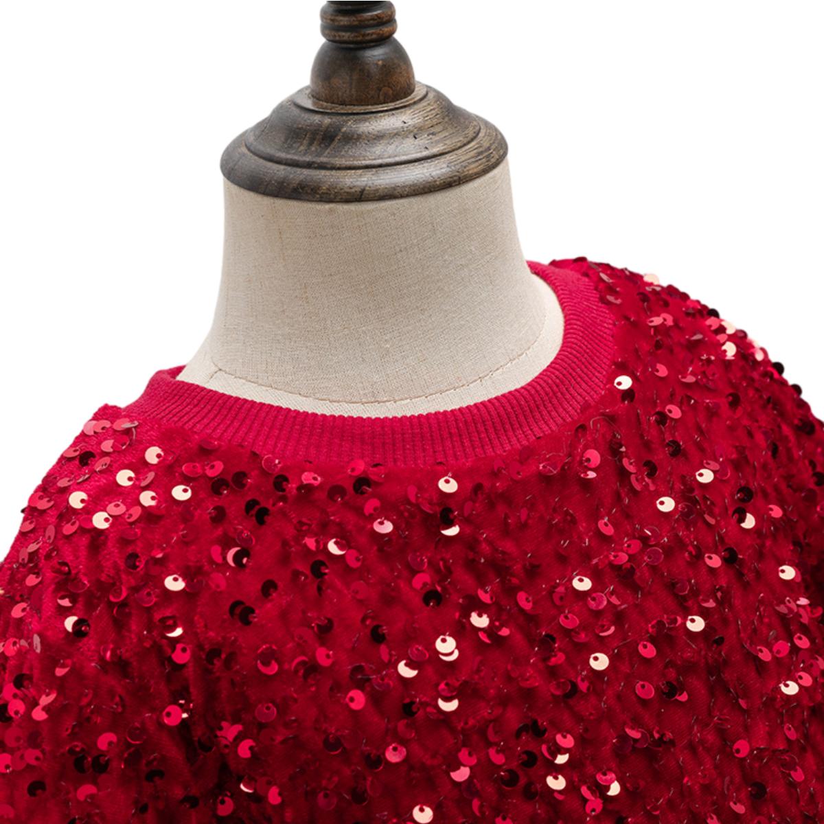 Custom Comfortable Long Sleeve Red Velvet Girl Princess Dress Sequin Tulle Dress for Girls