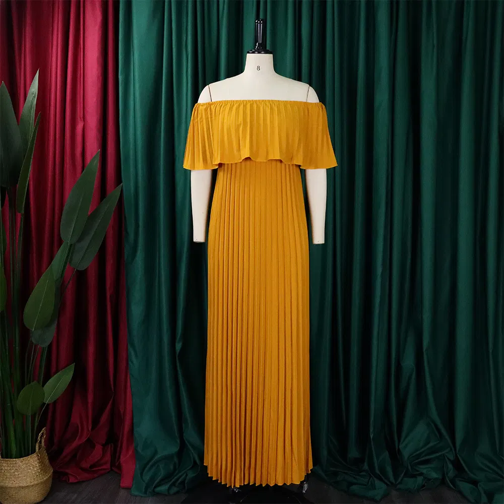 Latest Design Sexy Slash Neck off Shoulder Maxi Dress Ladies Girls Party Dress Women Elegent Pleated Dress