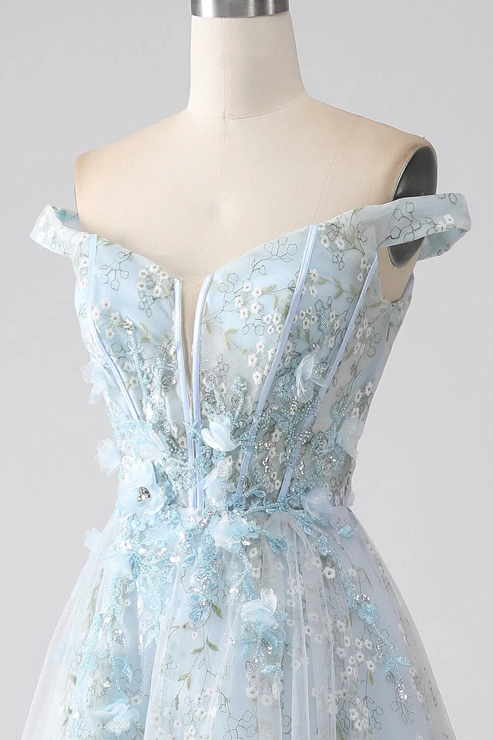 Sexy Sky Blue off Shoulder 3D Floral Embroidery Sheer Corset Tulle Cocktail Party Full Dresses Girl Dress