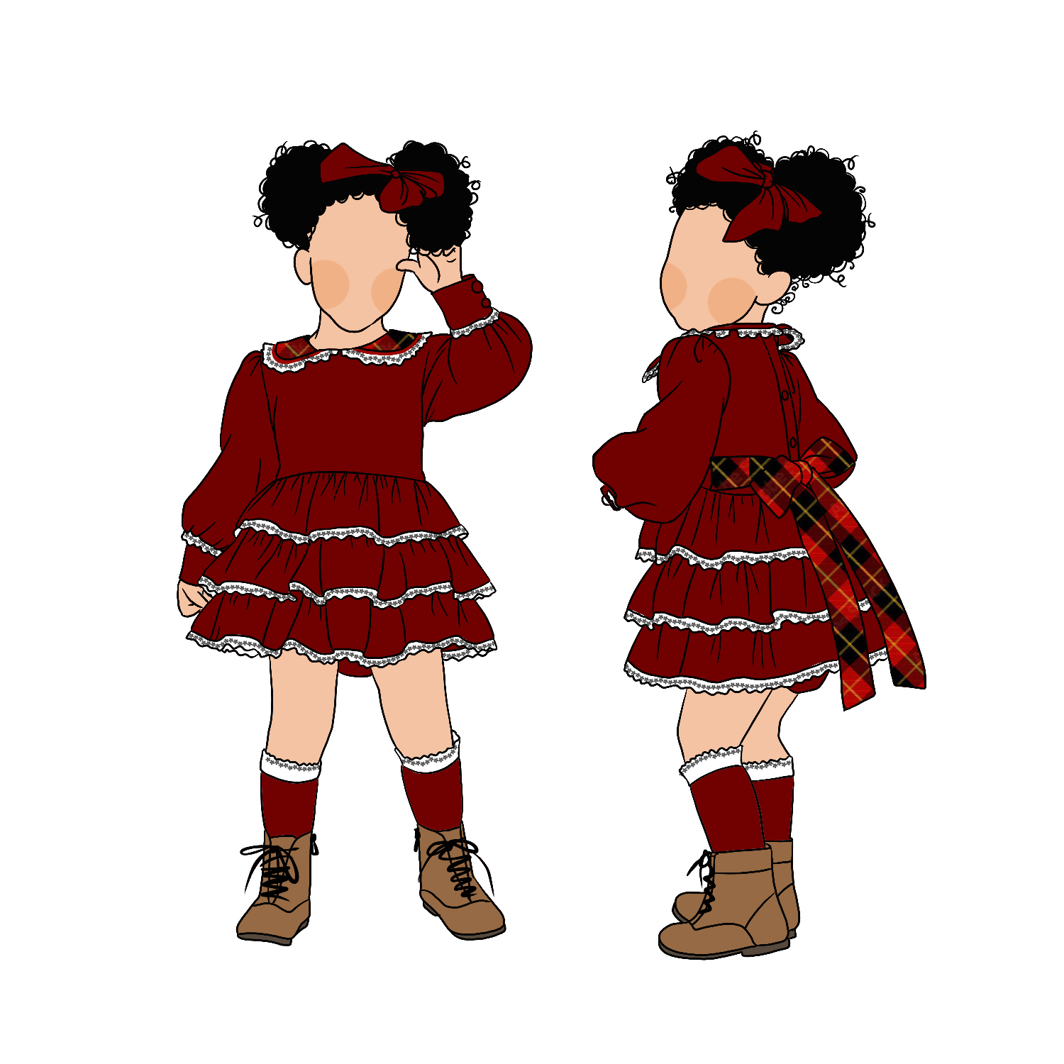 Vintage Boutique Polyester Long Sleeve Milk Protein Fiber Kids Girls Skirt Baby Christmas Plaid Lace Dress With Bow