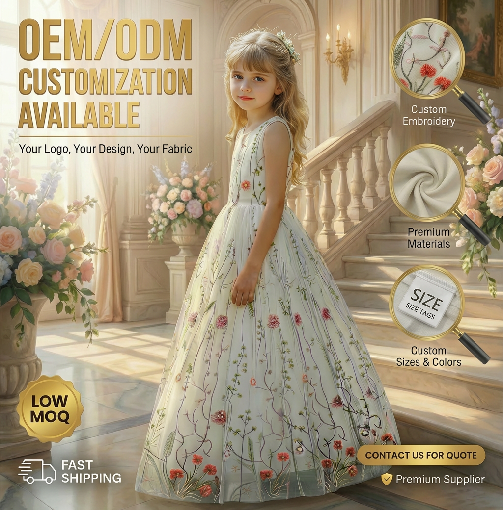 OEM High End Custom Floral Embroidery Flower Girl Dress Tulle Sleeveless Wedding Party Princess Gown for Kids