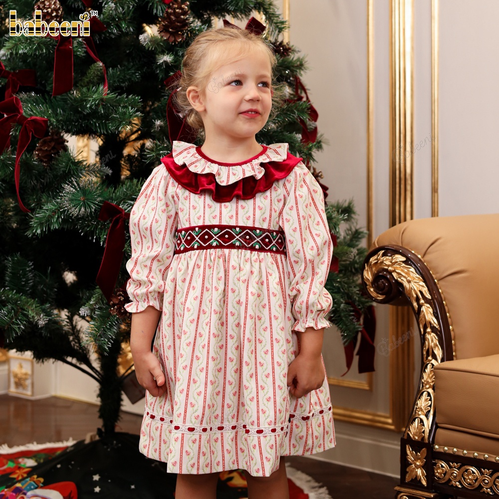 Girls Children Holiday Print Dress O-Neck Collar Velvet Waistband 100% Cotton ODM Wholesale Smocked A-Line Mini Casual